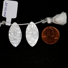 Carved Mother of Pearl Drops Marquise Shape 26x13mm Drilled Bead Matching Pair