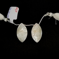 Carved Mother Of Pearl Drops Marquise Shape 28x16mm Drilled Beads Matching Pair