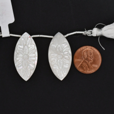 Carved Mother of Pearl Drops Marquise Shape 32x15mm Drilled Bead Matching Pair