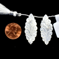 Carved Mother Of Pearl Drops Marquise Shape 33x14mm Drilled Beads Matching Pair
