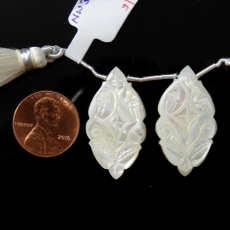 Carved Mother Of Pearl Drops Marquise Shape 33x18mm Drilled Beads Matching Pair