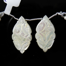 Carved Mother Of Pearl Drops Marquise Shape 33x18mm Drilled Beads Matching Pair