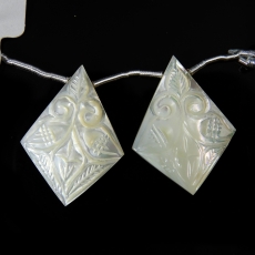 Carved Mother Of Pearl Drops Shield Shape 30x22mm Drilled Beads Matching Pair