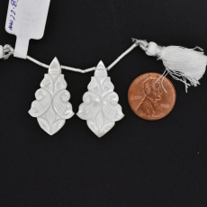 Carved Mother of Pearl Drops Shield Shape 31x18mm Drilled Bead Matching Pair