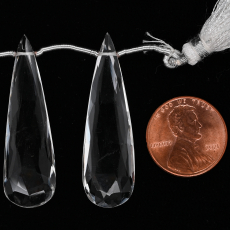 Clear Quartz Drops Almond Shape 40x12mm Drilled Beads Matching Pair