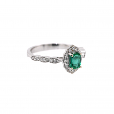 Colombian Emerald Emerald Cut 0.46 Carat Ring with Accent Diamonds in 14K White Gold