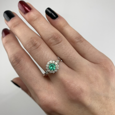 Colombian Emerald Round 0.55 Carat With Accent Diamonds Halo Engagement Ring In 14K White Gold
