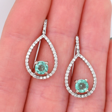 Colombian Emerald Round 1.84 Carat Dangle Earrings with Accent Diamonds in 14K White Gold