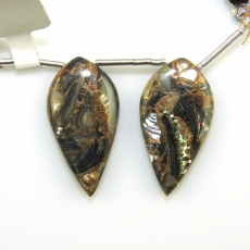 Copper Abalone Shell Leaf Shape Drops 28x14mm Drilled Beads Matching Pair