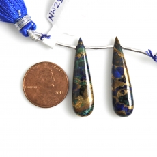 Copper Azurite Malachite Drops Almond Shape 32x9mm Drilled Beads Matching Pair
