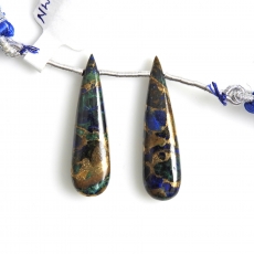 Copper Azurite Malachite Drops Almond Shape 32x9mm Drilled Beads Matching Pair