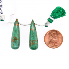 Copper Azurite Malachite Drops Briolette Shape 31x9mm Drilled Beads Matching Pair