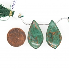 Copper Azurite Malachite Drops Leaf Shape 29x15mm Drilled Beads Matching Pair