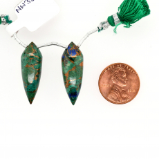 Copper Azurite Malachite Drops Okra Shape 29x10mm Drilled Beads Matching Pair