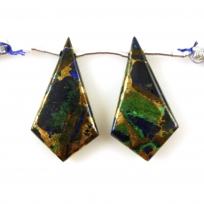 Copper Azurite Malachite Drops Shield Shape 32x17mm Drilled Beads Matching Pair