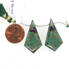 Copper Azurite Malachite Drops Shield Shape 32x18mm Drilled Beads Matching Pair