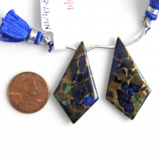 Copper Azurite Malachite Drops Shield Shape 38x20mm Drilled Beads Matching Pair