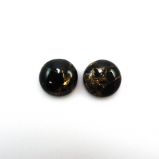Copper Black Obsidian Cab Round 14mm Matching Pair Approximately 15 Carat.