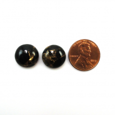 Copper Black Obsidian Cab Round 14mm Matching Pair Approximately 15 Carat.