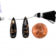 Copper Black Obsidian Drops Briolette Shape 26x9mm Drilled Bead Matching Pair