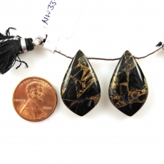 Copper Black Obsidian Drops Leaf Shape 27x17mm Drilled Beads Matching Pair