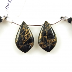 Copper Black Obsidian Drops Leaf Shape 27x17mm Drilled Beads Matching Pair