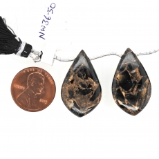 Copper Black Obsidian Drops Leaf Shape 28x17mm Drilled Beads Matching Pair