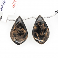 Copper Black Obsidian Drops Leaf Shape 28x17mm Drilled Beads Matching Pair