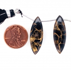 Copper Black Obsidian Drops Marquise Shape 30x10mm Drilled Bead Matching Pair