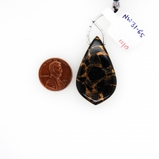Copper Black Obsidian Leaf Shape 40x23mm Drilled Bead Matching Pair
