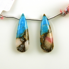 Copper Blue Turquoise and pink opal Drops Almond Shape 30x10mm Drilled Beads Matching Pair