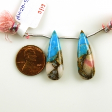 Copper Blue Turquoise and pink opal Drops Almond Shape 30x10mm Drilled Beads Matching Pair