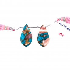 Copper Blue Turquoise and Pink Opal Drops Leaf Shape 29x15mm Drilled Beads Matching Pair