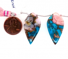 Copper Blue Turquoise and pink opal Drops Leaf Shape 33x17mm Drilled Beads Matching Pair