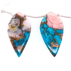 Copper Blue Turquoise and pink opal Drops Leaf Shape 33x17mm Drilled Beads Matching Pair