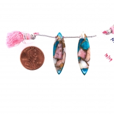 Copper Blue Turquoise and pink opal Drops Marquise Shape 33x10mm Drilled Beads Matching Pair