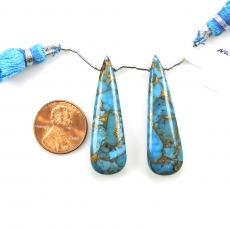 Copper Blue Turquoise Drops Almond Shape 41x12mm Drilled Beads Matching Pair
