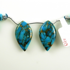 Copper Blue Turquoise Drops Leaf Shape 28x16mm Drilled Beads Matching Pair