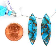 Copper Blue Turquoise Drops Marquise Shape 32x10mm Drilled Beads Matching Pair