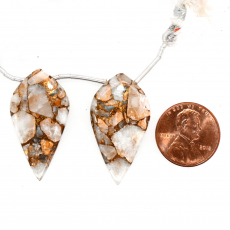 Copper Calcite Drops Leaf Shape 32x17mm Drilled Beads Matching Pair