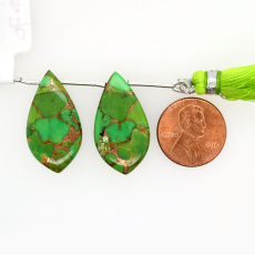 Copper Green Turquoise Drops Leaf Shape 28x15mm Drilled Beads Matching Pair