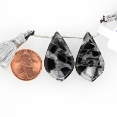 Copper Grey Obsidian Drops Leaf Shape 30x18mm Drilled Beads Matching Pair