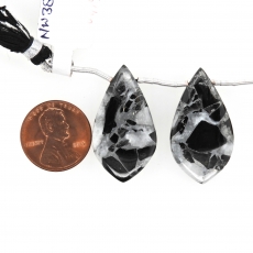 Copper Grey Obsidian Drops Leaf Shape 31x17mm Drilled Beads Matching Pair