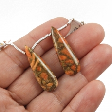 Copper OrangeTurquoise Drops Almond Shape 32x11mm Drilled Beads Matching Pair