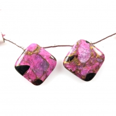 Copper Pink Obsidian Drops Cushion Shape 18x18mm Drilled Beads Matching Pair