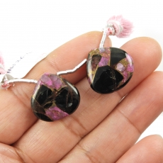 Copper Pink Obsidian Drops Heart Shape 17x17mm Drilled Beads Matching Pair