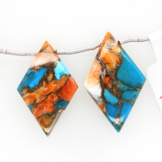 Copper Spiny Oyster and Turquoise Drops Diamond Shape 28x17mm Drilled Beads Matching Pair