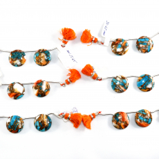 Copper spiny Oyster with Turquoise Drops Coin Shape 18mm Drilled Beads Matching Pair