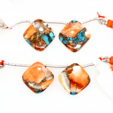 Copper spiny Oyster with Turquoise Drops Cushion Shape 17x17mm Drilled beads Matching Pair