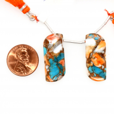 Copper Spiny Oyster with Turquoise Drops Fancy Shape 28x12mm Drilled Beads Matching Pair